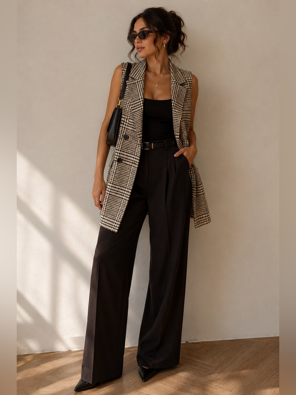 POL M Longline Houndstooth Plaid Double Breasted Blazer Vest
